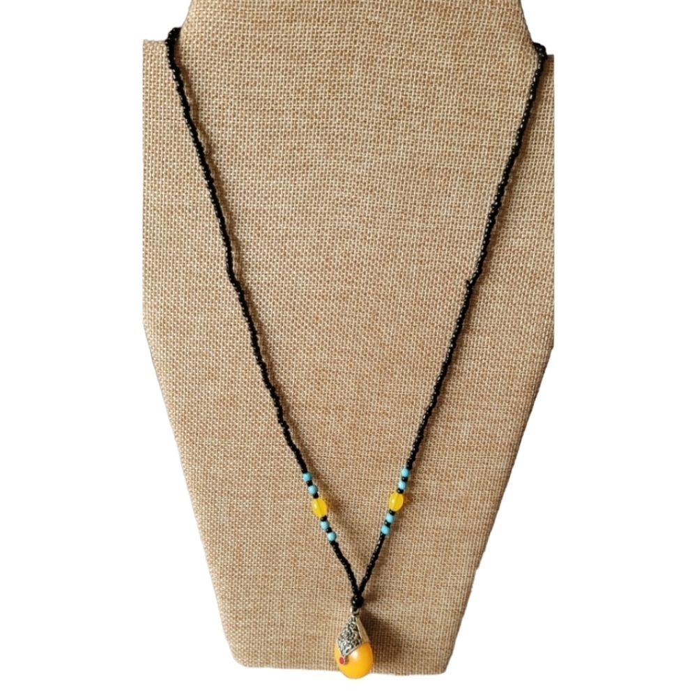 Hand Beaded 12" Necklace Black Yellow and Turquoise w Silvertone Accents